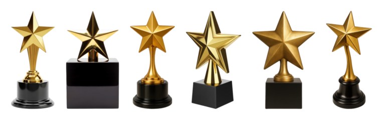 Gold star trophy set including various glossy and brushed finishes with diverse bases isolated. Award and achievement collection.