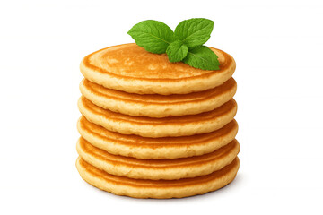 Golden pancake stack garnished with mint leaves, showcasing fluffy texture against transparent backdrop, ideal for culinary graphics