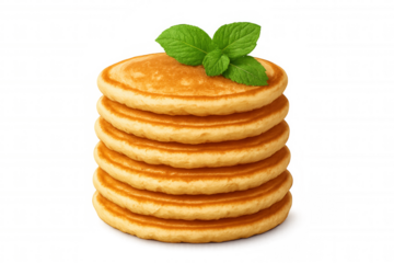 Golden pancake stack garnished with mint leaves, showcasing fluffy texture against transparent backdrop, ideal for culinary graphics