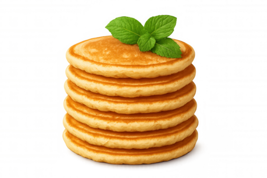 Golden pancake stack garnished with mint leaves, showcasing fluffy texture against transparent backdrop, ideal for culinary graphics