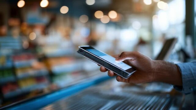 Medium shot of a seamless checkout process with a customer scanning items via mobile app highlighting the phone and hand in crisp detail against a blurred store backdrop.