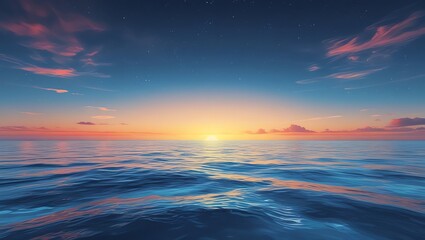 Gentle ocean waves reflect a colorful sunset and starry twilight sky