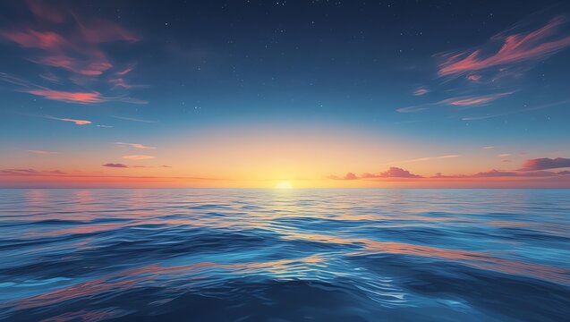 Gentle ocean waves reflect a colorful sunset and starry twilight sky