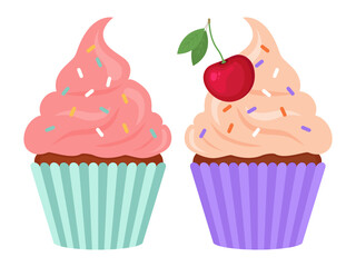 Two colorful cupcakes with frosting and sprinkles, one topped with a cherry, presented in pastel wrappers on a white background in flat cartoon style