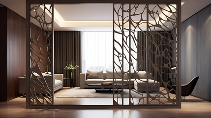 Modern living room with decorative wooden partition and minimalist design elements for luxurious