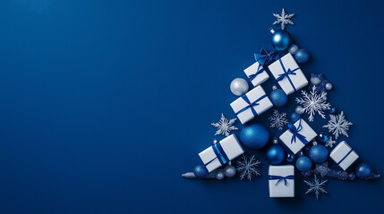 Creative Christmas background with cut out blue Christmas tree on blue paper, decorated with toys, gifts, hearts, and stars &ndash; festive flat lay holiday composition and modern Xmas pattern design