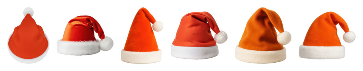 Santa hat set including various red and orange styles isolated. Christmas and holiday season collection.