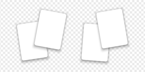 Two empty white playing cards isolated on transparent background. Playcard blackjack mockups in top view. Poker game concept. Voucher, giftcard or discount templates. Vector realistic illustration.