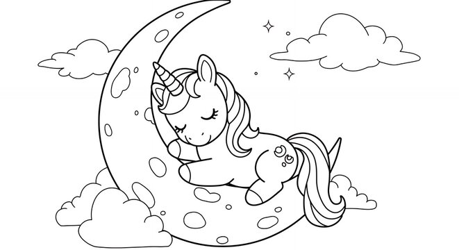Cute unicorn sleeping on crescent moon