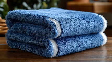 A soft blue towel folded neatly on a wooden surface captures serene domesticity