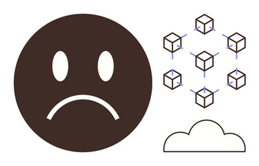 Sad face beside interconnected cubes representing blockchain network above a cloud, symbolizing frustration with technology, networking, or complex systems. Ideal for concepts thumbs up technology