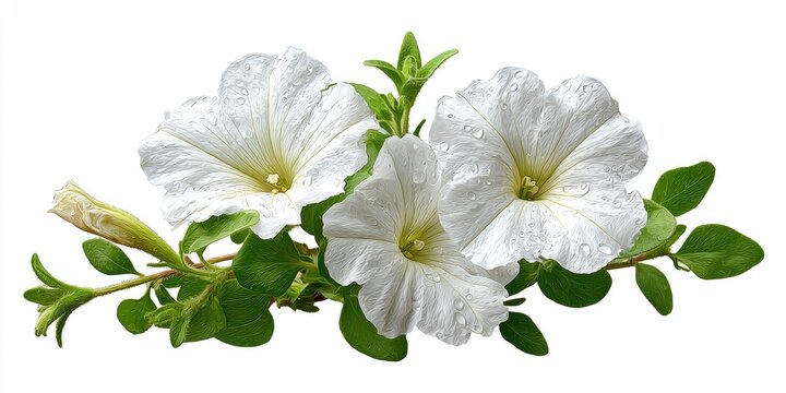 Three pristine white petunias with dew drops, arranged with vibrant green foliage on a plain white background - Powered by Adobe