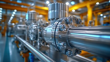 Fototapeta premium Close-up of polished stainless steel pipes and fittings in a high-tech industrial facility