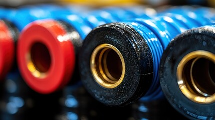Close-up of several plumbing fittings, blue and red, with brass components and black insulation