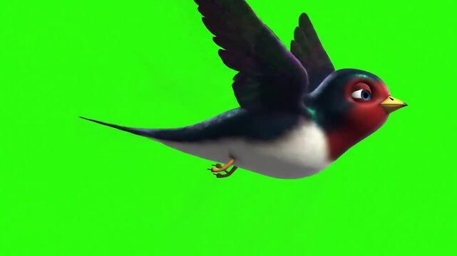 A 3D cartoon of a swallow in mid-flight against a green screen background with a realistic depiction of its feathers and wings spread wide.