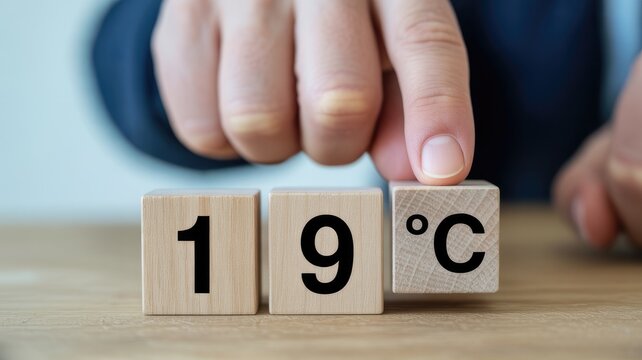 Fingers adjust wooden blocks displaying 19 degrees Celsius, perfect for weather or temperature concepts.