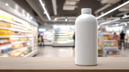 Clean white bottle mockup on supermarket shelf. Minimalist packaging design