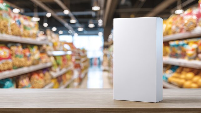 Blank cereal box template on grocery store shelf. Modern packaging mockup