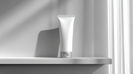 White cosmetic tube on beauty store shelf. Skincare product mockup. Minimalist packaging design