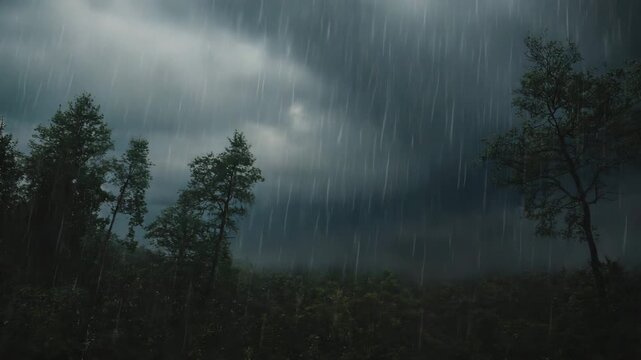 St&uuml;rmische Regenszene mit bewegten B&auml;umen und dunklem Himmel