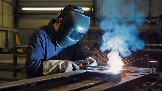 Schwei&szlig;er bei der Arbeit mit Funken und Rauch in der Werkstatt