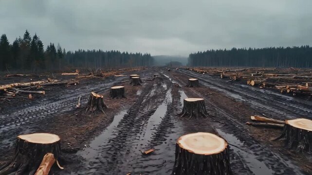 Abgeholzter Wald mit Baumst&uuml;mpfen und gef&auml;llten St&auml;mmen