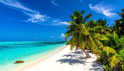 Naklejka premium Tropical beach scene with turquoise water, white sand, palm trees, and a bright blue sky