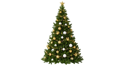 Decorated Christmas Tree with Gold and White Ornaments and Lights