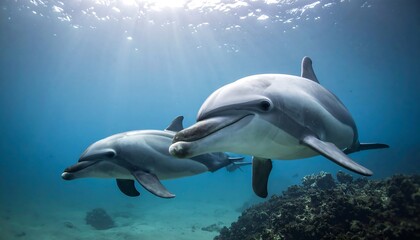 Fototapeta premium Two dolphins swim gracefully underwater, lit by sunlight filtering down, near a coral reef. Their smooth bodies glisten
