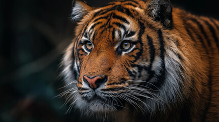 Fototapeta premium Wildlife close-up: majestic tiger in jungle light, detailed fur texture, eyes sharp, atmosphere moody