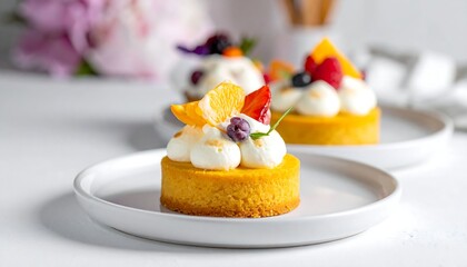 Two exquisitely presented tarts on white plates, adorned with whipped cream and colorful fresh fruit. A beautiful, light-filled image