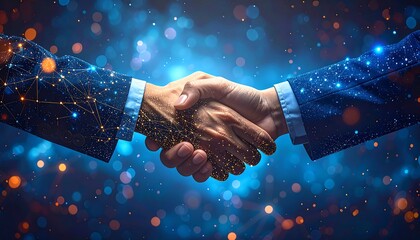 Two hands clasping in a business deal, one digital, against a bokeh-filled backdrop