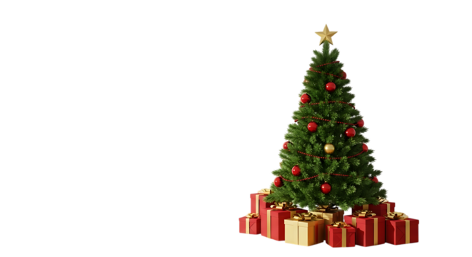 Decorated Christmas Tree with Red and Gold Gifts on Black Background