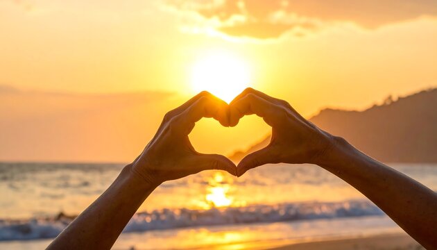 Two hands form a heart shape against a vibrant sunset over a beach and ocean, creating a romantic and loving gesture