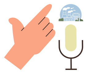 Hand gesturing, retro microphone, factory buildings, and smoke. Ideal for podcasts, communication, environment, industry pollution awareness conversations clean energy. A simple flat metaphor