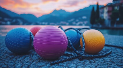 Colorful exercise balls clustered on a lakeside