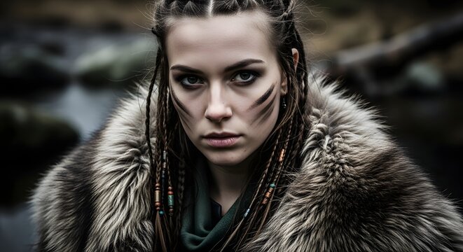 Fierce young warrior woman with braided hair, face paint, and a fur cloak, staring intensely at the camera.