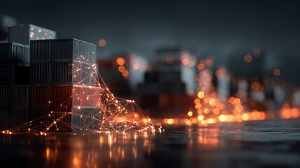 Global business network, containers connected with glowing lines, 3D illustration.