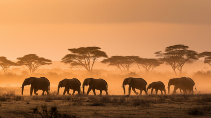 Fototapeta premium Herd of elephants walking across savanna at golden hour, dust rising, acacia trees silhouetted against horizon