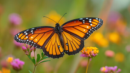 Fototapeta premium Close-up of monarch butterfly perched on wildflower, blurred meadow in background, sharp macro details, vibrant natural colors