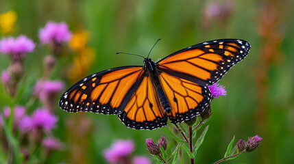 Close-up of monarch butterfly perched on wildflower, blurred meadow in background, sharp macro details, vibrant natural colors