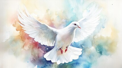 Obraz premium Watercolor White Dove Flying with Colorful Abstract Background