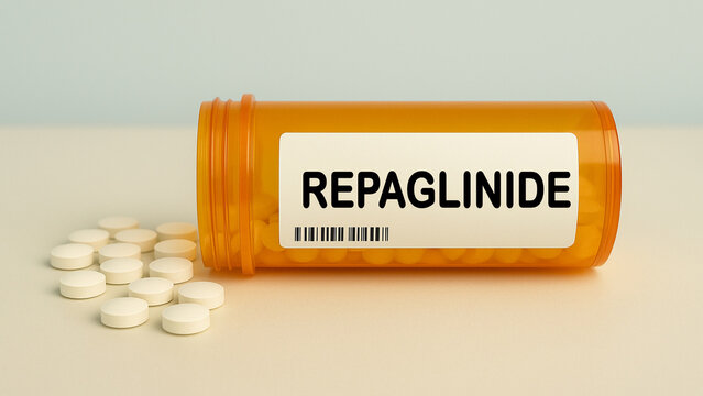 Box of REPAGLINIDE tablets on a hospital pharmacy table used to control blood sugar in type 2 diabetes a meglitinide.