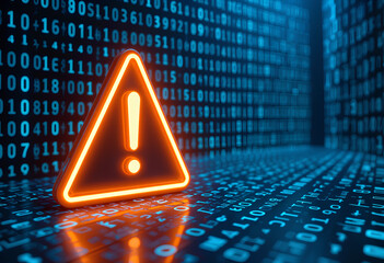 Malware Orange Warning Icon Over Cyber Binary Number Lines