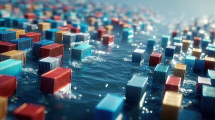 Obraz premium Import export logistics, floating containers on digital ocean, 3D illustration.