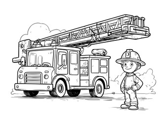 Firefighter standing next to a fire truck with a ladder on top coloring page