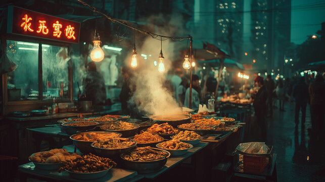 Street food market at night, neon lights glowing, steam rising from stalls, colorful exotic dishes, lively urban atmosphere