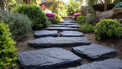 A stone pathway winds through a lush garden, bordered by vibrant green shrubs and flowering plants, leading to a sun-dappled area beyond
