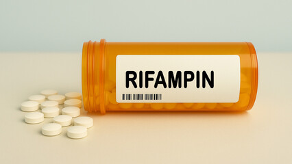 Box of RIFAMPIN tablets on a hospital pharmacy table used to treat tuberculosis a rifamycin...