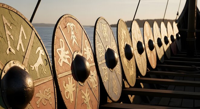 Viking shields with intricate designs lined up on a ship.